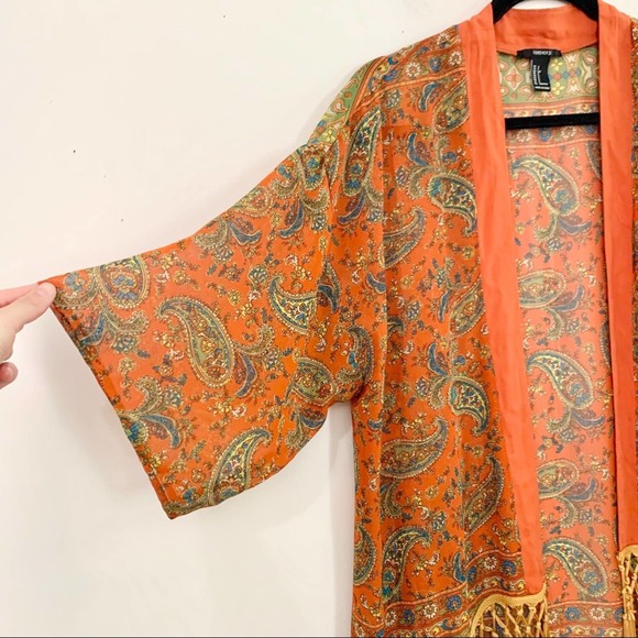 FOREVER 21 Orange Paisley Fringe Kimono Duster - Picture 2 of 6